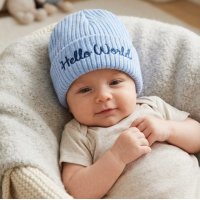 KW124: Baby Embroidered Hello World Knitted Hat- Sky (Newborn -3 Months)